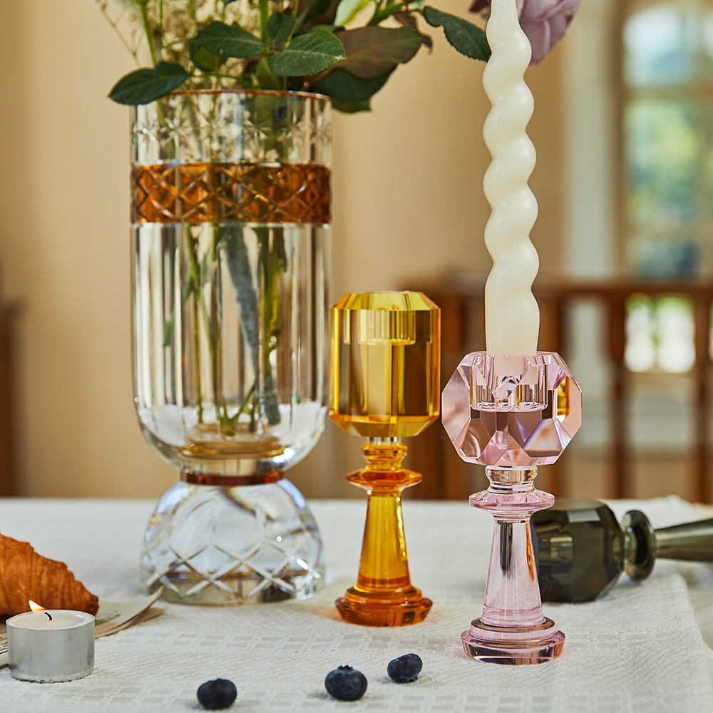 Pink square diamond crystal candle holder